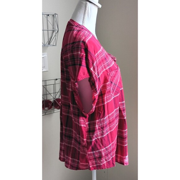 Torrid Red Challis Plaid button front short Dolman Sleeve blouse 2X - Picture 4 of 8